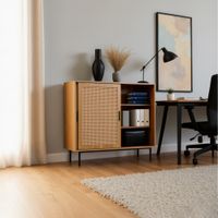 mueble de almacenaje con puerta de ratan perforado