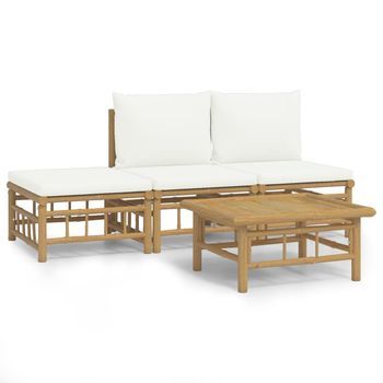 Conjunto De Muebles De Jardín 4 Uds | Mesa Y Sillas Bambú Y Cojines Blanco Crema