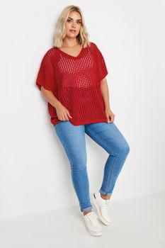 Yours Top Rojo Con Calados Estilo Crochet, Mujer Curvy Y Tallas Grandes, Yours