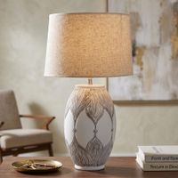 lampara de mesa en resina blanca con pantalla beige o cm 38x67