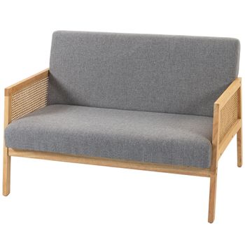 HOMCOM Sofá de 2 Plazas Tapizado en Lino con Detalles Ratán Sintético Estructura de Madera Carga 240 kg 115x77x77 cm Gris   Aosom España