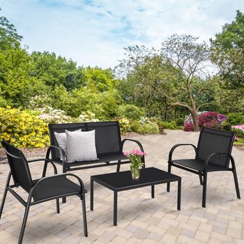 Juego De Mesita Y Sillón Y Banco Muebles De Patio Mesa De Centro Mesita De Jardín De Hierro Y Tela De Malla Para Terraza Exterior Negro