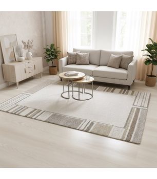 Mehari 265 Beig - Alfombra moderna de pelo semi largo con efecto greca