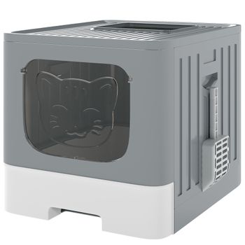 PawHut Arenero para Gatos Plegable M con Tapa Enrejada Bandeja Extraíble Pala Gancho Lateral Fácil de Limpiar Antifugas Gris