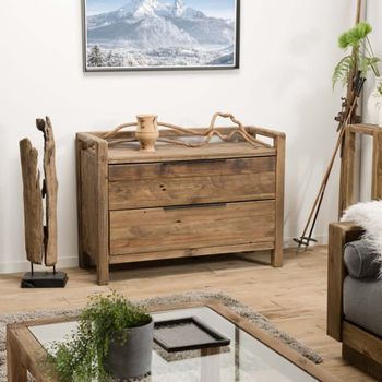 Cómoda de 2 cajones de madera de pino reciclada marrón y metal negro