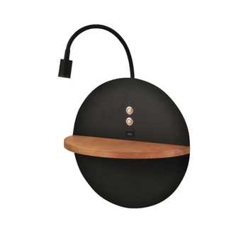 Dual - Aplique De Pared Con Estante Y Luz Led 15w Fabas Luce Touch Dimmer - Negro Mate Con Usb Integrado En Madera