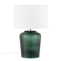 lampara de cristal tintado verde con motivos decorativos y pantalla blanca