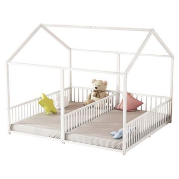 Cama Infantil De 90 X 200 Cm - Metal - Cama Doble - Barandilla - Estructura De Hojalata