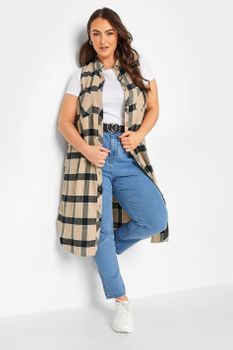 Maxi Chaleco Marrón De Cuadros En Algodón Peinado, Mujer Curvy Y Tallas Grandes, Yours