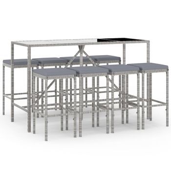 Mesa Y Taburetes Altos Jardín 9 Piezas Y Cojines Ratán Pe Gris