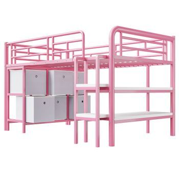 Litera Infantil De 90x200 Cm, Metálica, Con Amplias Escaleras, Cajones Y Estantes, Color Rosa.
