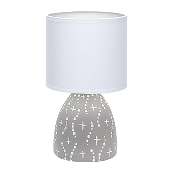 Aigostar 197025 - Lámpara de cerámica de mesa, cuerpo de diseño color gris con motivos blancos, pantalla de tela color blanco, casquillo E14. Perfecta para el salón, dormitorio o recibidor.