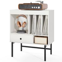 costway soporte grande para tocadiscos armario de vinilos moderno de mitad de siglo con compartimentos abiertos soportes y cajon para albumes blanco