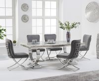 haven 180cm grey marble table with giovanni velvet chairs - grey 4 chairs