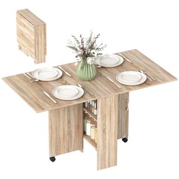 HOMCOM Mesa Plegable de Cocina con 2 Alas Abatibles de Madera 2 Estantes y Ruedas para Cocina Comedor 75x140x74 cm Madera Natural   Aosom España