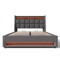cama gris 180 x 200 cm con almacenaje abatible 2 usb y doble iluminacion led