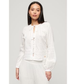 Superdry para mujer. W6011651A Camiseta de playa de algodón blanco (S), Casual, Manga larga