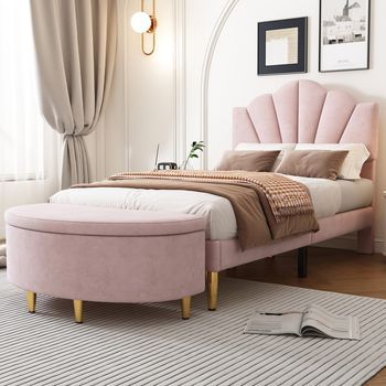 Cama 90x200 Rosa Terciopelo, Forma Concha, Cabecera Ajustable, Somier Lamas Madera, Banco Almacenamiento, Patas Metal Dorado