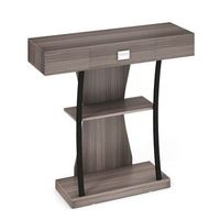 mesa consola de madera con cajones estructura de metal 2 estantes y sistema antivuelco gris