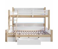 litera 90 x 200  140 x 200 cm  escalera barandilla estantes cajon y led sin colchon  blanco  natural