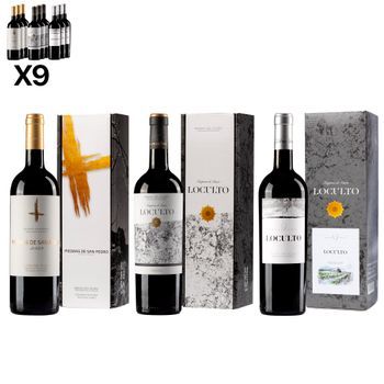 Arte Sabor Pack 9 Botellas De Vino Ribera Del Duero. 3x Reserva Especial Piedras De San Pedro, 3x Loculto Crianza, 3x Loculto Selección 9. Caja De Regalo Individual Premium. 7x7x32 Cm. Color: Único