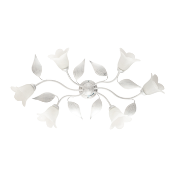Olga - Lámpara De Techo En Hierro Lacado En Blanco Con Decoración. Difusores De Plata Antigua Y Cristal D. 14 Alabastro Blanco 6 Luces L. 70 X 52