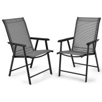 costway set de 2 sillas plegable y portatil tejido transpirable elastico para exterior camping playa veranda gris 68 x 59 x 93 cm