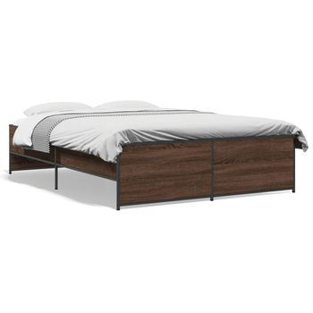 Estructura Cama Madera Ingeniería Metal Marrón Roble 120x190 Cm