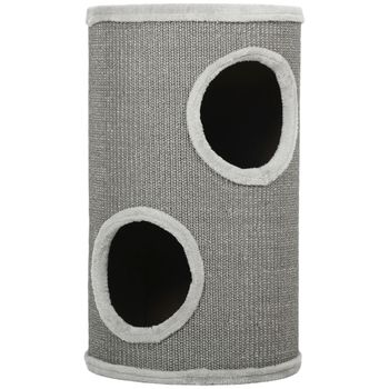 PawHut Tonel rascador para gatos, 60 cm de alto Ø 35 cm, tonel rascador de dos niveles con 2 cuevas, borde de peluche, para 1-2 gatos hasta 5 kg, Gris claro   Aosom España