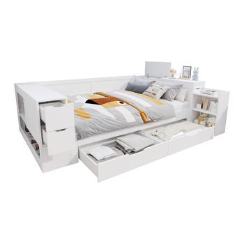 Cama Infantil, 140x190 Cm, Madera, Cajones De Almacenamiento, Estantes, Para Adolescentes, Blanca