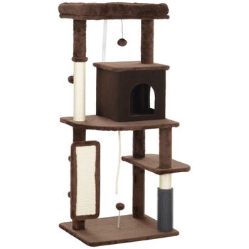 PawHut Árbol Rascador para Gatos 132 cm con Plataformas Poste con Cepillo Bolas Colgantes y Almohadilla para Rascar Marrón
