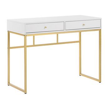 Consola Blanca 2 Cajones Base De Metal Dorado 100 X 50 Cm Glamour Oficina En Casa Daphne