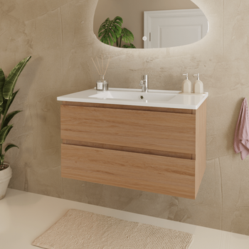Mueble De Baño Roble Claro 80 Cm [marenza] - Mueble Bajo Lavabo - Lavabo Blanco - Lavabo De Cerámica - Mueble De Baño Suspendido Lomazoo