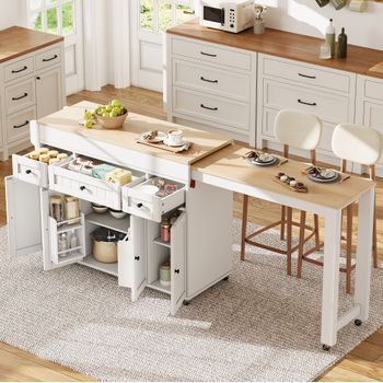 Isla De Cocina Con Ruedas, Encimera Extensible, 137-190,6 X 45,2 X 92 Cm