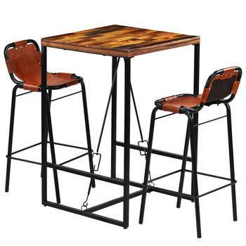 Set Muebles Bar 3 Pzas Madera Reciclada Cuero Cabra Auténtico Vidaxl