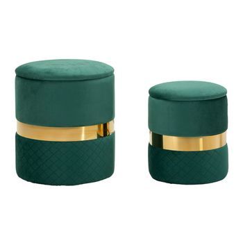 Puf Con Contenedor En Poliéster Verde Y Metal Dorado