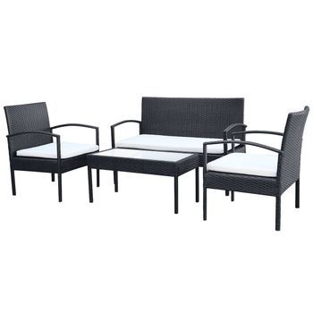 Set Muebles De Jardín 4 Piezas | Mobiliario De Jardín Y Cojines Ratán Sintético Negro
