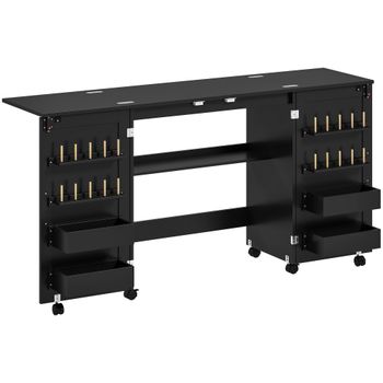 HOMCOM Mesa de Costura Plegable con Ruedas 2 Puertas 4 Compartimentos y 20 Ganchos 160x40x83 cm Negro   Aosom España
