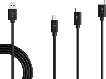 Cable USB a USB-C - ISY IZB-543, 2.0, Pack 3 cables (2m, 1m and 0.6m), 18W, Negro