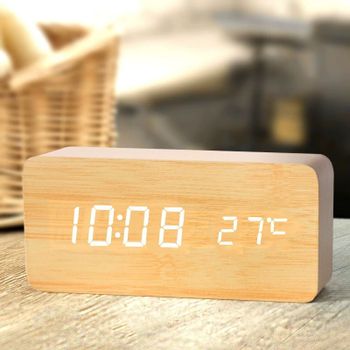 Reloj despertador digital de madera, despertador LED con relojes de escritorio de temperatura para oficina, reloj de noche