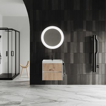 Mueble De Baño Suspendido De 60 Cm Blanco Con Frontal De Roble Dorado Con Caneté Cortina