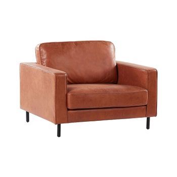Sillón Tapizado En Piel Marrón Dorado Con Patas Negras Brazo De Riel Estilo Minimalista Savalen