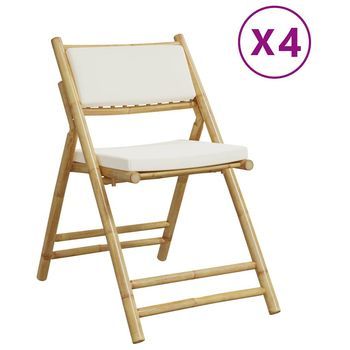 Pack 4 Uds Sillas De Bistró Plegables Con Cojines Bambú Blanco Crema