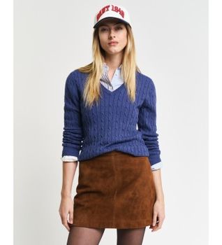 Gant para mujer. 4800101 Jersey de punto de ochos con cuello de pico en algodón elástico marino (M), Casual