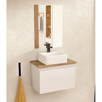 Mueble Baño Suspendido 49,5cm Blanco/roble Lavabo Cuadrado Espejo Bellobath