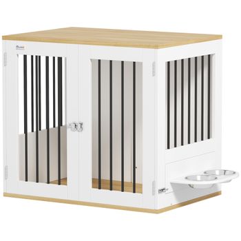 PawHut Jaula para Perros Medianos 2 en 1 con 2 Puertas con Puertas Comedero Giratorio de 360° y 2 Cuencos 80x55x71,5 cm Blanco