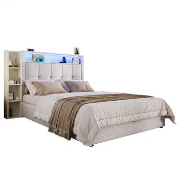 Cama Tapizada 90x200cm - Carga Usb Tipo C - Sistema Hidráulico - Iluminación Led - Cama Para Adultos - Beige