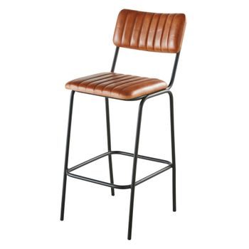 Taburete alto de piel de búfalo marrón y acero negro de 69 cm