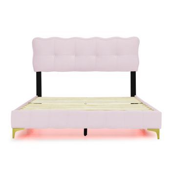 Cama De Terciopelo 140x200cm Con Iluminación Led Y Somier Rosa