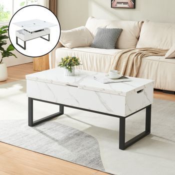 Mesa De Centro Rauli Con Tablero Elevable 100x50x47 Cm - Efecto Mármol Blanco [en.casa]